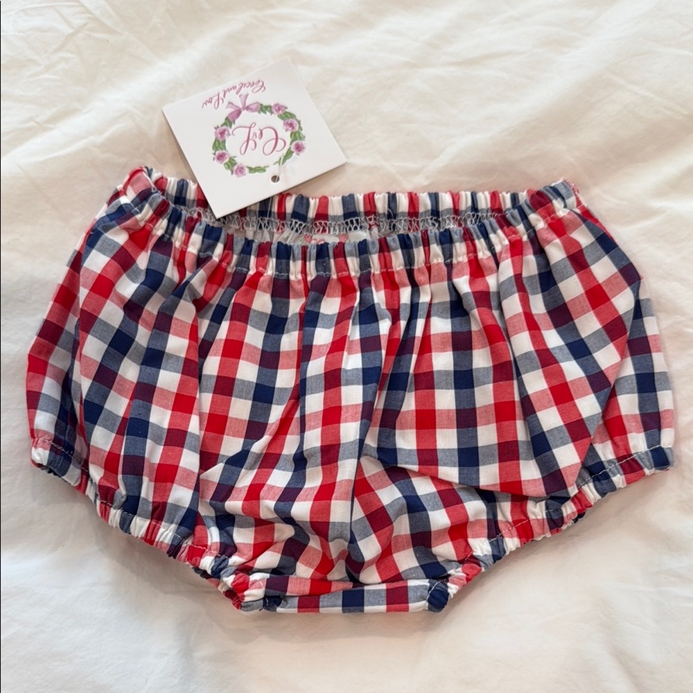 Monogrammed gingham diaper cover with initials LJC